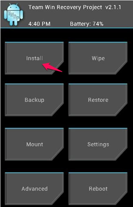 TWRP main screen with install highlighted