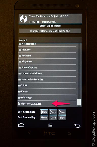 TWRP with the custom ROM zip file highlighted