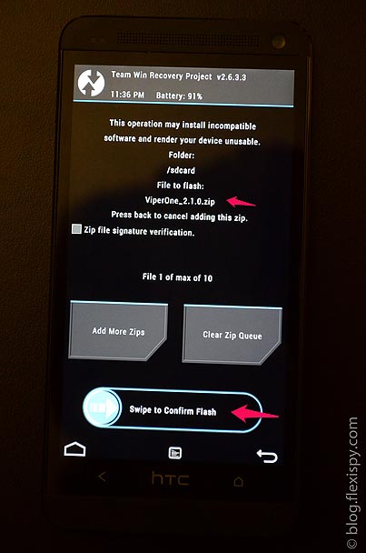 TWRP zip file installer with ViperOne custom ROM zip file selected for installation