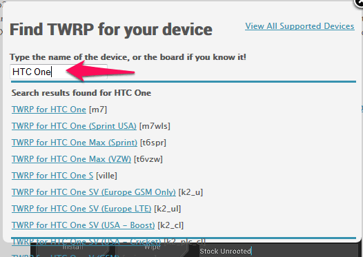 TWRP Phone Selection Page With HTC One Selected 