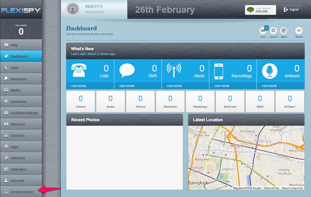 Figure 2 - FlexiSPY dashboard with Control Center highlighted.