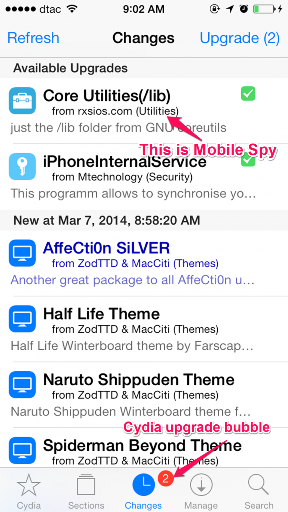 Figure 2 - Mobile Spy visibile inside Cydia as needing o be upgraded with upgrade buble shown.