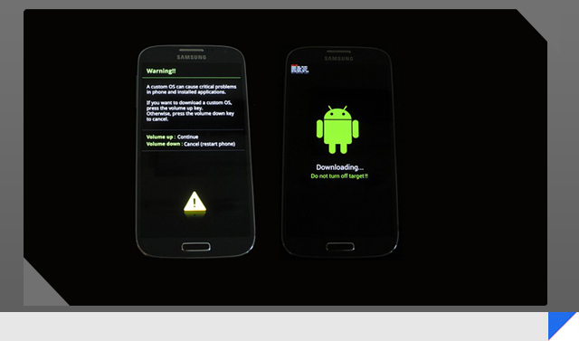 A picture of a black Samsung Galaxy S4 running in download mode
