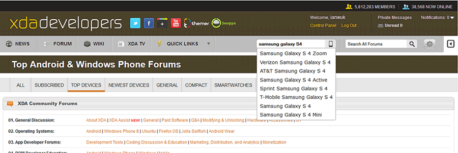 A screenshot of the xda page where you search for your phone model