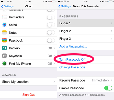 A screenshot of the iOS settings page which shows that for step 2 of the jailbreaking process,  you click the "turn passcode off" tab.