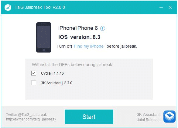 A screenshot of the TaiG jailbreak tool running, with the 3k assistant checkbox being  unchecked, showing that only the checkbox for Cydia should be checked.