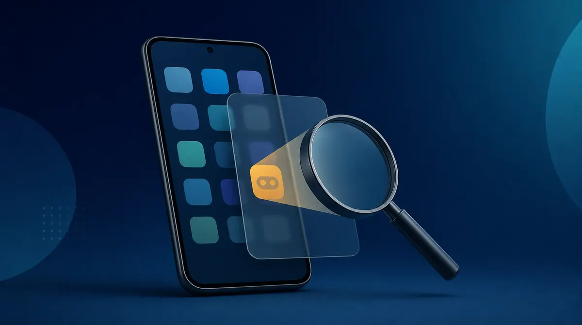 Hidden Android apps represented by app tiles and a magnifying glass