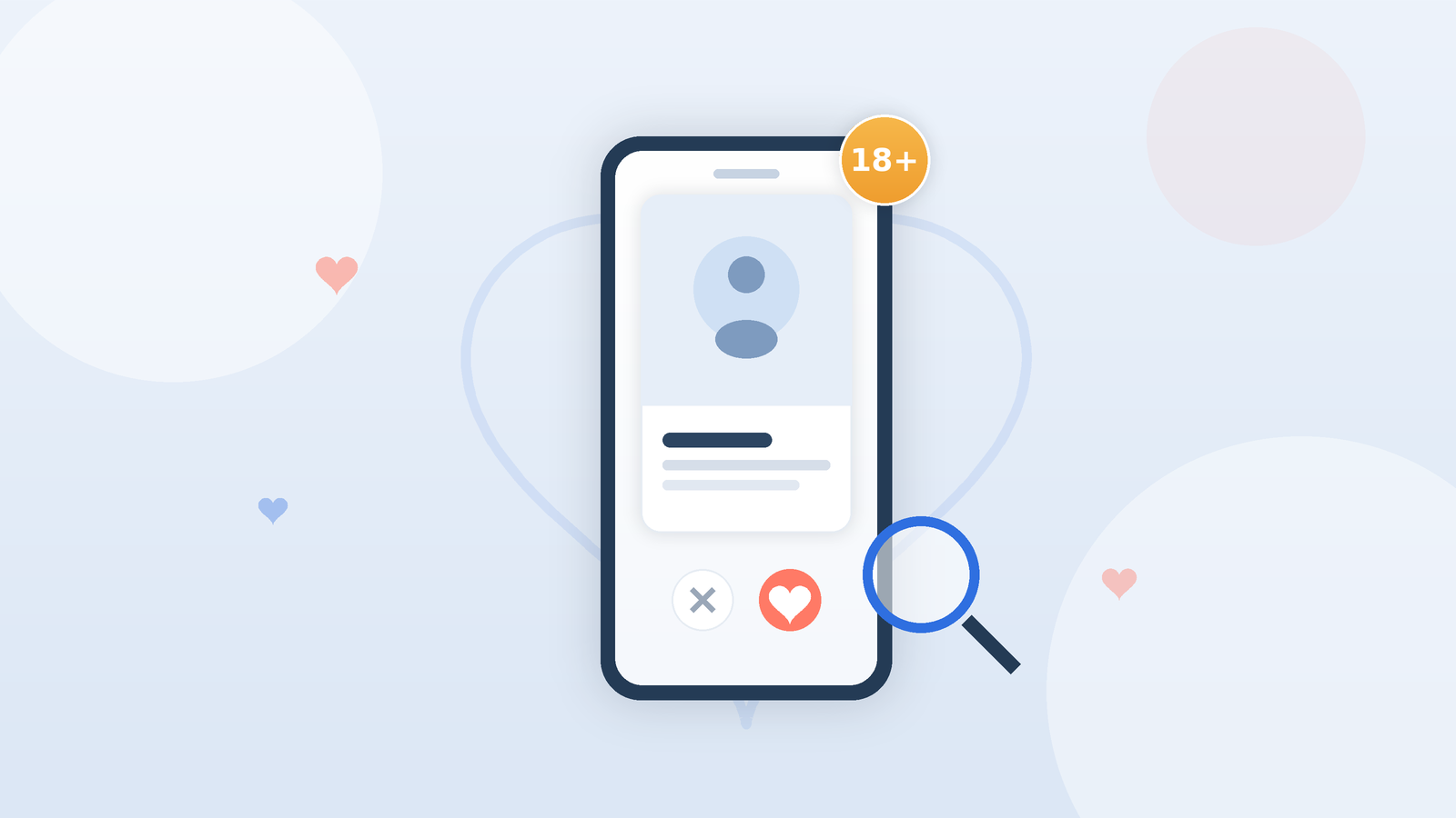 Smartphone showing a dating app profile with an 18+ badge and a magnifying glass, illustrating parental review of teen dating apps.
