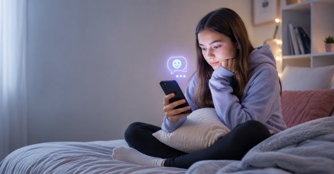 Teen girl sitting on a bed, looking at her phone with a chat icon glowing nearby
