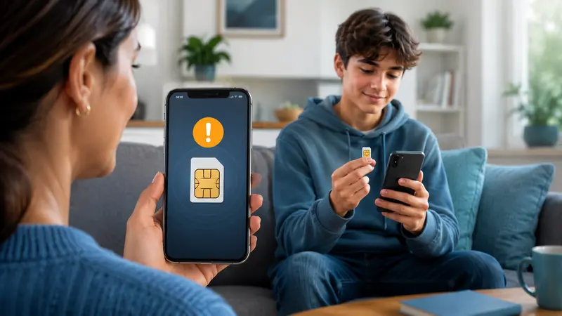 Parent receives a SIM card change notification while a teenager changes a phone SIM