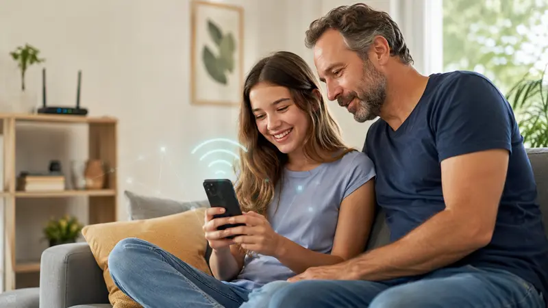 Parent and teenager checking Wi-Fi activity together on an Android phone