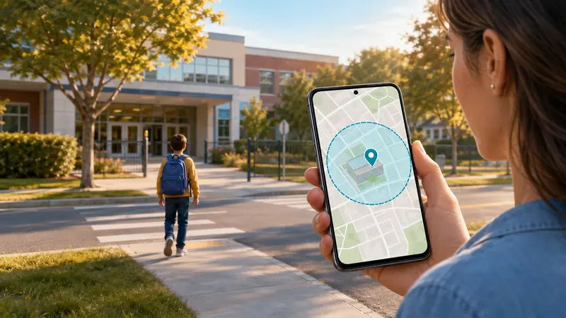 Parent comparing geofencing apps with a safe zone around a child's school